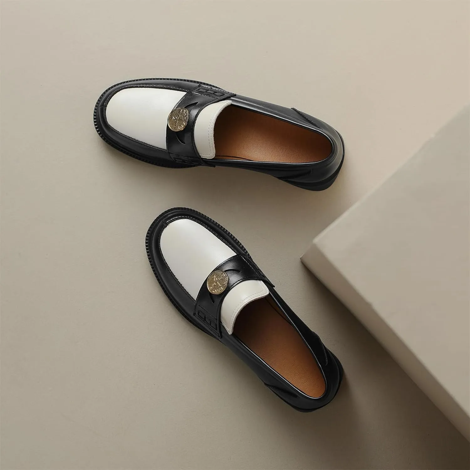 Women's Platform Coins Round Closed Toe Pump Loafers Vintage Slip-On Chunky Low Heel Office Metallic Penny Work Casual Fashion Business Dress Shoes All Weather Daily Wear Flats