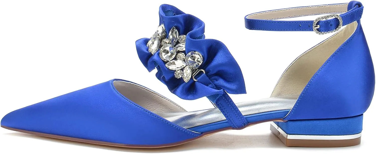 Women's Satin Sparkly Rhinestone Strappy Flat Sandals Bridal Wedding Dress Shoes for Bride Flats Pointed Toe Closed Toe Low Heels Pump