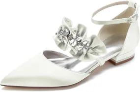 Women's Satin Sparkly Rhinestone Strappy Flat Sandals Bridal Wedding Dress Shoes for Bride Flats Pointed Toe Closed Toe Low Heels Pump