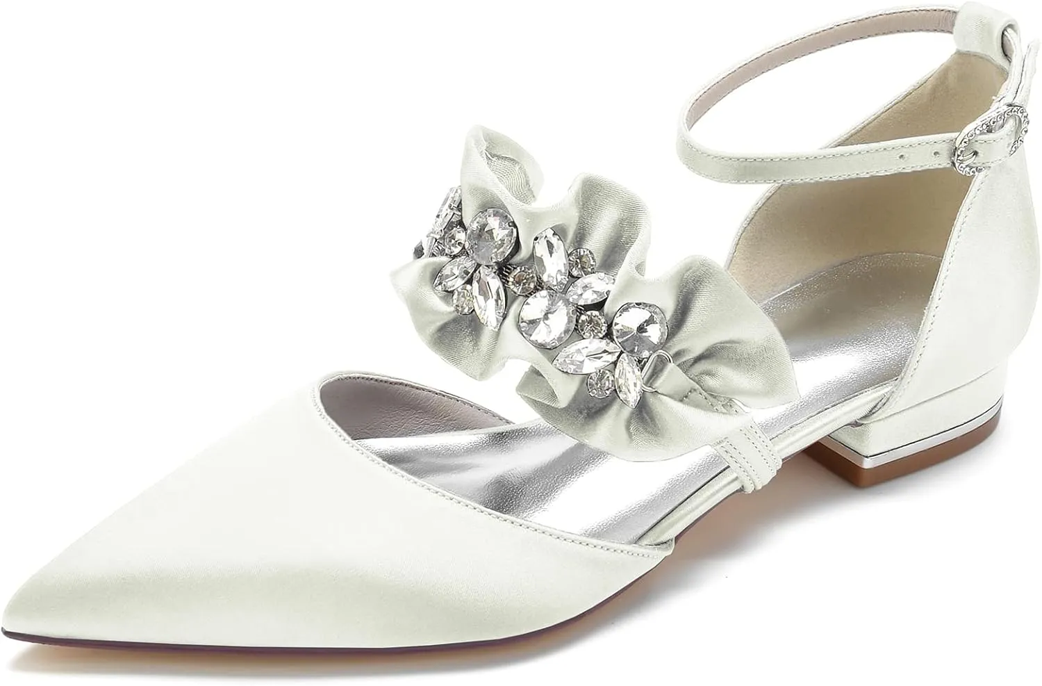 Women's Satin Sparkly Rhinestone Strappy Flat Sandals Bridal Wedding Dress Shoes for Bride Flats Pointed Toe Closed Toe Low Heels Pump