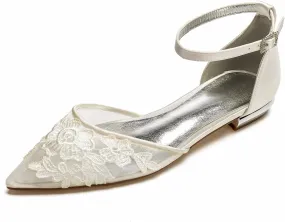 Women's Wedding Bridal Shoes Closed Toe Pointed Lace Mesh Shoes Ballet Flats Buckle Ankle Strap Shoes