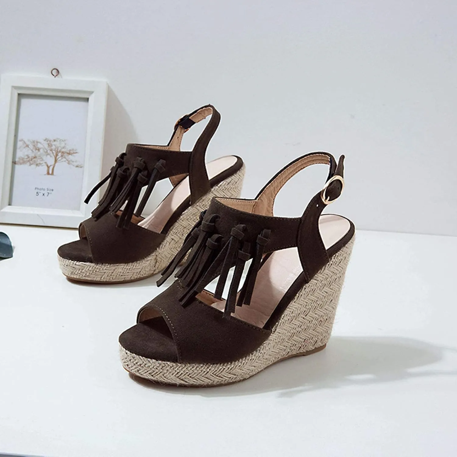 ZBYY Women's Espadrille Platform Wedges Sandals, Summer Tassel Open Toe Ankle Strap Buckle Wedge Sandals Roman Shoes