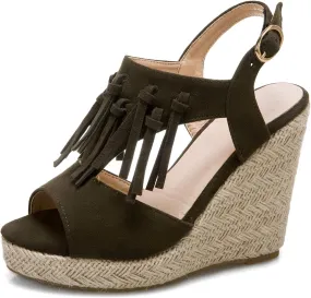 ZBYY Women's Espadrille Platform Wedges Sandals, Summer Tassel Open Toe Ankle Strap Buckle Wedge Sandals Roman Shoes