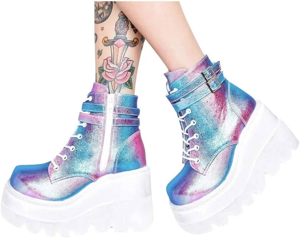 ZBYY Women's Platform Wedges Boots Chunky Thick Side Zipper Combat Boots High Heels Waterproof Party Dress Boots